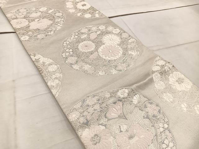 平和屋着物◎六通柄袋帯　唐織　花絵皿文　銀糸　正絹　逸品　BAAW1925mz