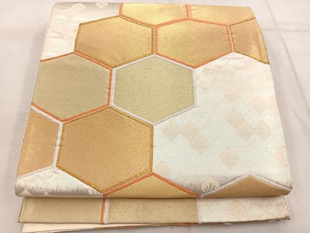 平和屋着物◎六通柄袋帯 亀甲草葉文 金糸 正絹 逸品 BAAW1928mz