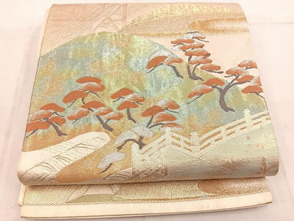平和屋着物◎六通柄袋帯　渡橋遠山松文　金銀糸　正絹　逸品　BAAW1932mz