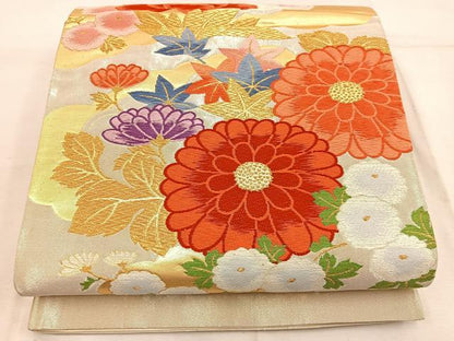 平和屋着物◎六通柄袋帯 唐織 雲重ね菊花文 金銀糸 正絹 逸品 BAAW1936mz