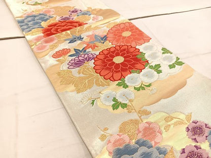 平和屋着物◎六通柄袋帯 唐織 雲重ね菊花文 金銀糸 正絹 逸品 BAAW1936mz