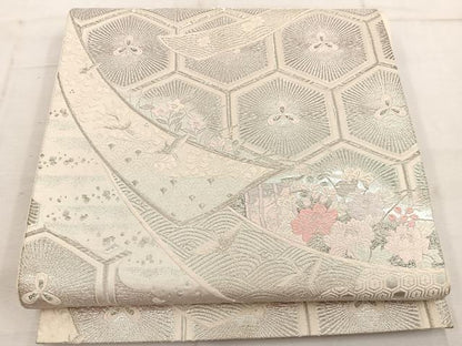 平和屋着物◎六通柄袋帯　唐織　飛鶴亀甲花文　銀糸　正絹　逸品　BAAW1939mz