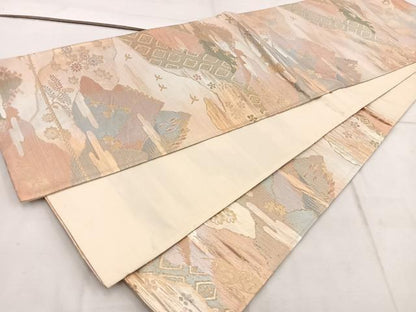 平和屋着物◎六通柄袋帯 片輪車花鳥文 金糸 正絹 逸品 BAAW1940mz