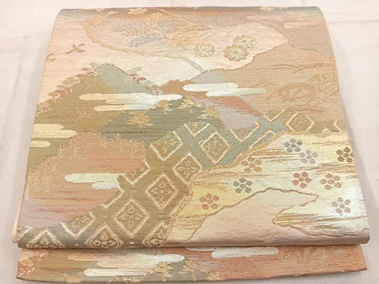 平和屋着物◎六通柄袋帯 片輪車花鳥文 金糸 正絹 逸品 BAAW1940mz