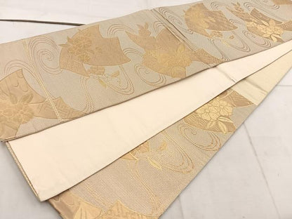 平和屋着物◎六通柄袋帯 流水花文 金糸 正絹 逸品 BAAW1951mz