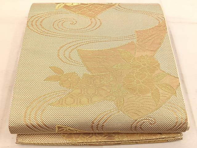 平和屋着物◎六通柄袋帯 流水花文 金糸 正絹 逸品 BAAW1951mz