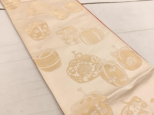 平和屋着物◎西陣 両面 全通柄袋帯 仕覆花文 金糸 証紙付き 正絹 逸品 BAAW1954mz