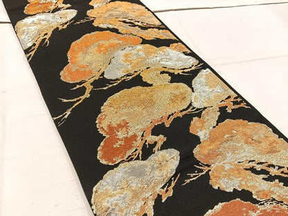 平和屋着物◎六通柄袋帯 松 黒地 金銀糸 正絹 逸品 BAAW1958mz