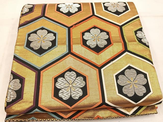 平和屋着物◎両面　六通柄袋帯　亀甲花文　黒地　金銀糸　正絹　逸品　BAAW1963mz