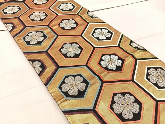 平和屋着物◎両面　六通柄袋帯　亀甲花文　黒地　金銀糸　正絹　逸品　BAAW1963mz
