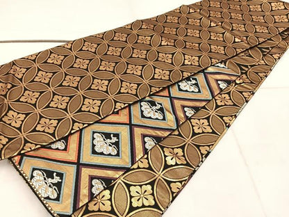 平和屋着物◎両面　六通柄袋帯　亀甲花文　黒地　金銀糸　正絹　逸品　BAAW1963mz