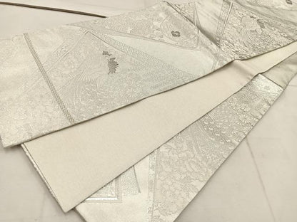 平和屋着物◎六通柄袋帯　孔雀花文　プラチナ銀箔二重織　正絹　逸品　BAAW1974mz