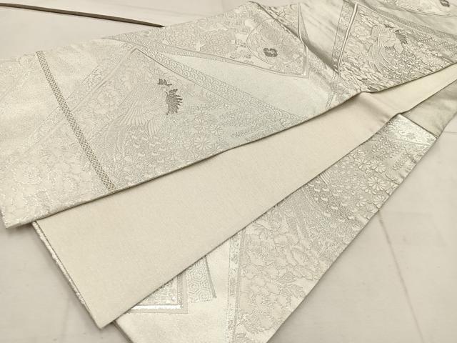 平和屋着物◎六通柄袋帯　孔雀花文　プラチナ銀箔二重織　正絹　逸品　BAAW1974mz