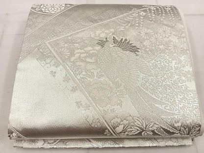 平和屋着物◎六通柄袋帯　孔雀花文　プラチナ銀箔二重織　正絹　逸品　BAAW1974mz