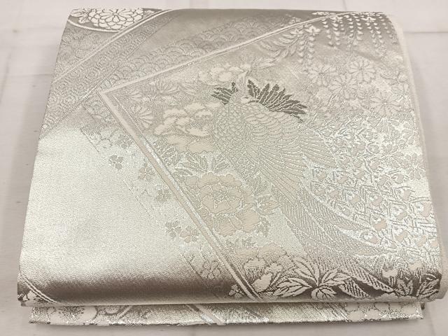 平和屋着物◎六通柄袋帯　孔雀花文　プラチナ銀箔二重織　正絹　逸品　BAAW1974mz