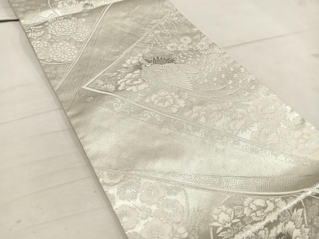 平和屋着物◎六通柄袋帯　孔雀花文　プラチナ銀箔二重織　正絹　逸品　BAAW1974mz