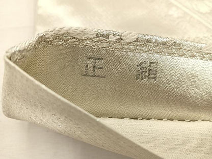 平和屋着物◎六通柄袋帯　孔雀花文　プラチナ銀箔二重織　正絹　逸品　BAAW1974mz