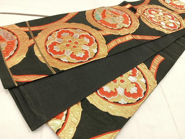 平和屋着物◎六通柄袋帯　立涌向かい蝶花文　黒地　金銀糸　正絹　逸品　BAAW1981mz