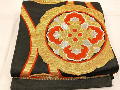 平和屋着物◎六通柄袋帯　立涌向かい蝶花文　黒地　金銀糸　正絹　逸品　BAAW1981mz