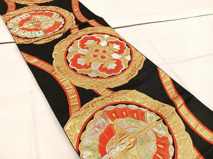 平和屋着物◎六通柄袋帯　立涌向かい蝶花文　黒地　金銀糸　正絹　逸品　BAAW1981mz