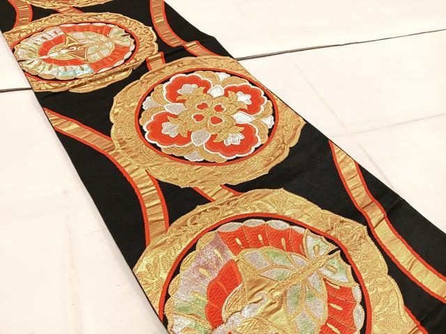 平和屋着物◎六通柄袋帯　立涌向かい蝶花文　黒地　金銀糸　正絹　逸品　BAAW1981mz