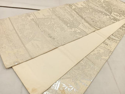 平和屋着物◎全通柄袋帯 鴛鴦梅花文 銀糸 正絹 逸品 BAAW1987mz