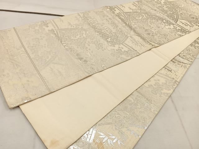 平和屋着物◎全通柄袋帯 鴛鴦梅花文 銀糸 正絹 逸品 BAAW1987mz