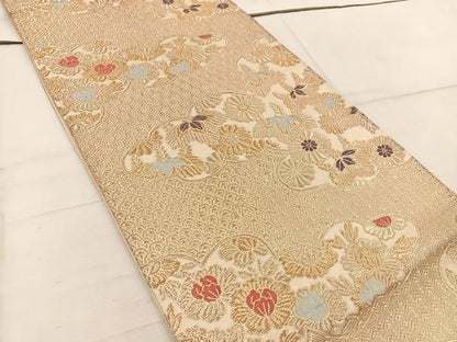 平和屋着物◎六通柄袋帯　雲取り菊花文　金糸　正絹　逸品　BAAW1989mz