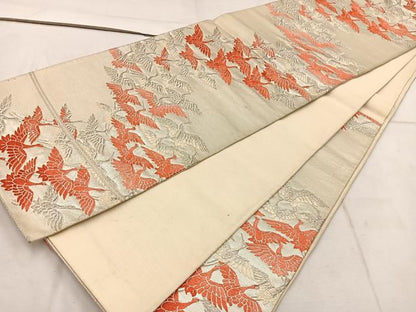 平和屋着物◎六通柄袋帯 唐織 飛鶴文 銀糸 正絹 逸品 BAAW1993mz