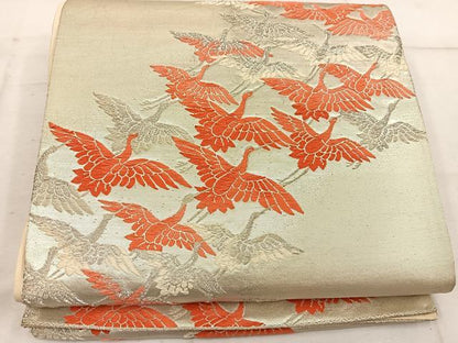 平和屋着物◎六通柄袋帯 唐織 飛鶴文 銀糸 正絹 逸品 BAAW1993mz