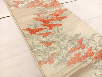平和屋着物◎六通柄袋帯 唐織 飛鶴文 銀糸 正絹 逸品 BAAW1993mz