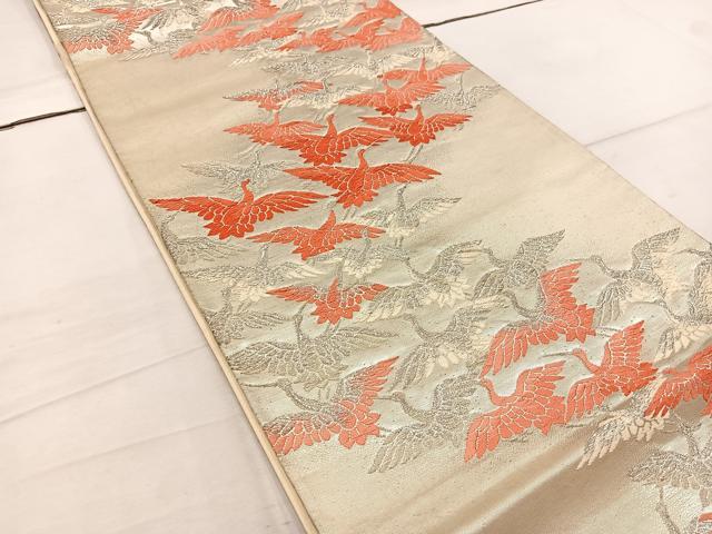 平和屋着物◎六通柄袋帯 唐織 飛鶴文 銀糸 正絹 逸品 BAAW1993mz