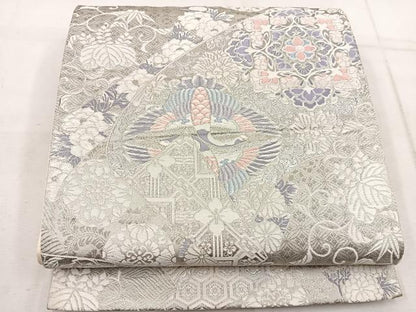 平和屋着物◎六通柄袋帯　唐織　巻絹花鳥文　プラチナ箔　正絹　逸品　BAAW1998mz