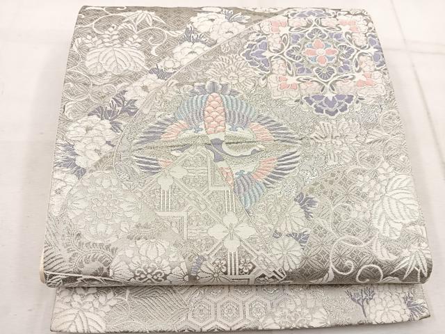 平和屋着物◎六通柄袋帯　唐織　巻絹花鳥文　プラチナ箔　正絹　逸品　BAAW1998mz