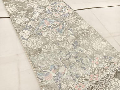 平和屋着物◎六通柄袋帯　唐織　巻絹花鳥文　プラチナ箔　正絹　逸品　BAAW1998mz