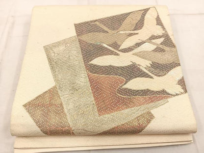 平和屋着物◎太鼓柄袋帯　螺鈿箔　地紙重ね飛鶴文　金彩　正絹　逸品　BAAW1999mz