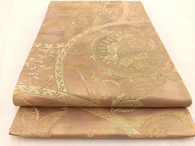 平和屋着物◎六通柄袋帯　更紗花文　金糸　引箔　正絹　逸品　BAAW2017yc