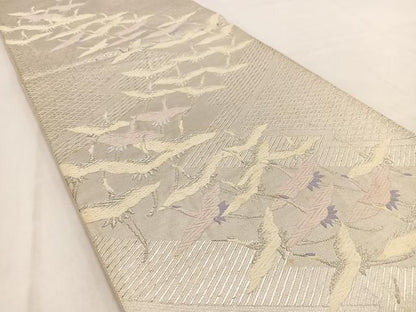 平和屋着物◎六通柄袋帯　唐織　群鶴　銀糸　正絹　逸品　BAAW2018yc