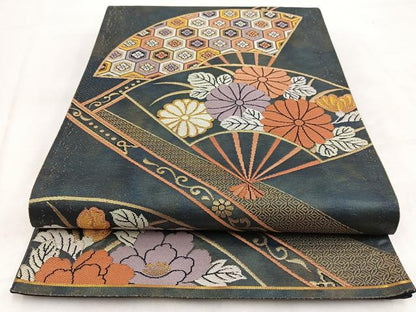 平和屋着物◎六通柄袋帯　唐織　扇面花文　金糸　引箔　正絹　逸品　BAAW2025yc
