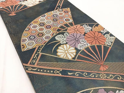 平和屋着物◎六通柄袋帯　唐織　扇面花文　金糸　引箔　正絹　逸品　BAAW2025yc