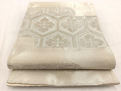 平和屋着物◎六通柄袋帯　エ霞亀甲花菱文　銀糸　正絹　逸品　BAAW2031yc