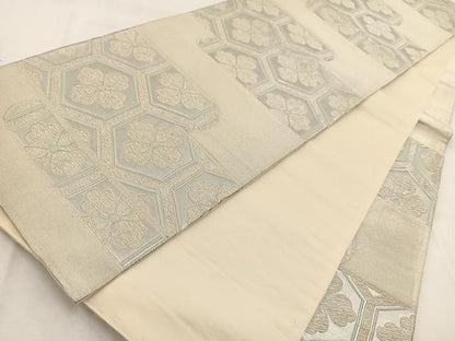 平和屋着物◎六通柄袋帯　エ霞亀甲花菱文　銀糸　正絹　逸品　BAAW2031yc