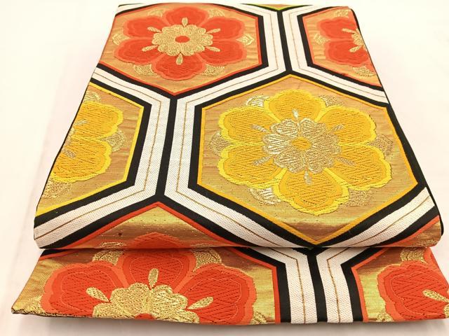 平和屋着物◎六通柄袋帯　唐織　亀甲花文　黒地　金糸　正絹　逸品　BAAW2032yc