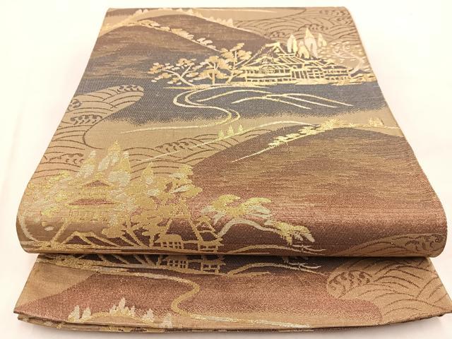 平和屋着物◎六通柄袋帯　遠山風景文　金銀糸　引箔　正絹　逸品　BAAW2035yc