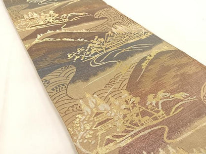 平和屋着物◎六通柄袋帯　遠山風景文　金銀糸　引箔　正絹　逸品　BAAW2035yc