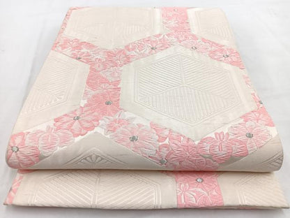 平和屋着物◎六通柄袋帯　唐織　亀甲草花文　銀糸　正絹　逸品　BAAW2036yc