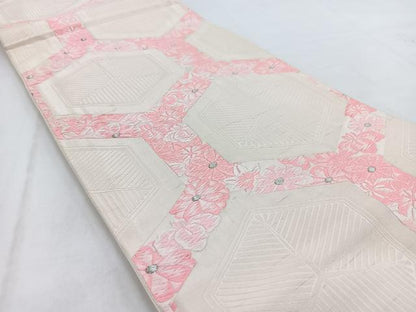 平和屋着物◎六通柄袋帯　唐織　亀甲草花文　銀糸　正絹　逸品　BAAW2036yc