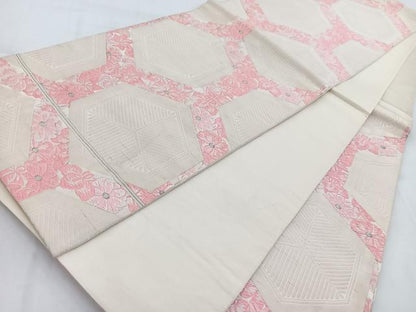 平和屋着物◎六通柄袋帯　唐織　亀甲草花文　銀糸　正絹　逸品　BAAW2036yc