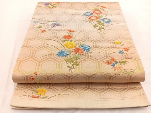 平和屋着物◎六通柄袋帯　唐織　亀甲花蝶文　金銀糸　引箔　正絹　逸品　BAAW2038yc