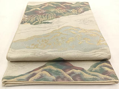 平和屋着物◎六通柄袋帯　流水風景花文　金銀糸　正絹　逸品　BAAW2061yc